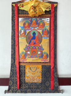Assorted Medicine Buddha thanka with brocade