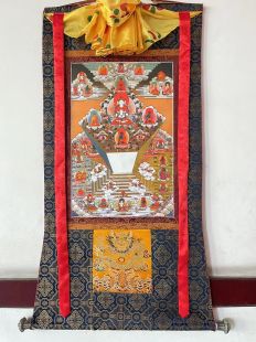 Assorted Five Buddhas thanka with brocade