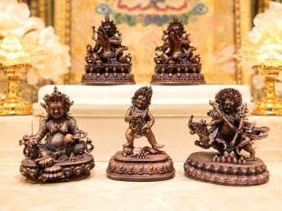 Miniature Finely Carved Red Copper Five Zambala Statue Set