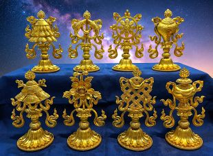 The Eight Auspicious Symbols set (brass gilt gold) 