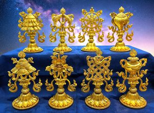 The Eight Auspicious Symbols set (brass gilt gold) 